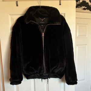Lucky Brand Black Faux Fur Jacket with Gold Zipper